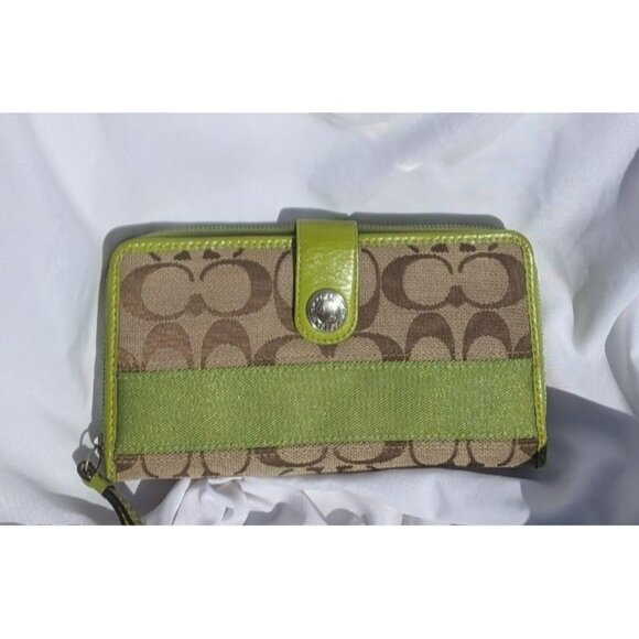 Vintage Y2K Coach Signature Stripe Canvas Patent Leather Wallet Khaki Green - Picture 1 of 12